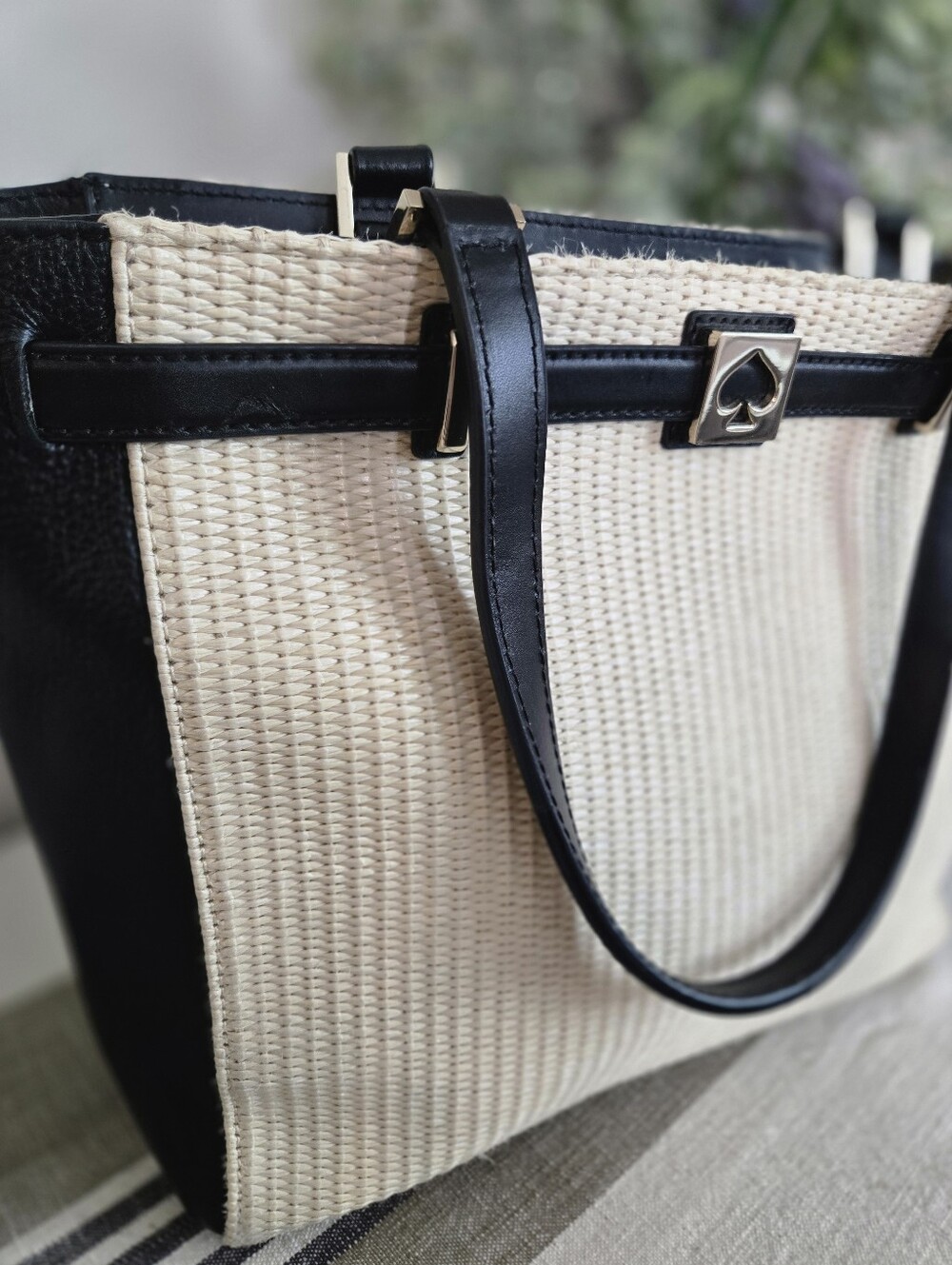 Kate Spade Houston Street Leo Black and Cream Woven Leather-Trim Tote - Picture 3 of 11